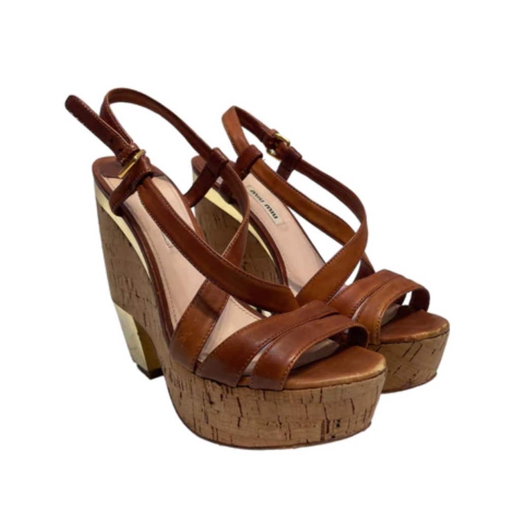 Miu Miu Brown Leather Cork Platform Sandals